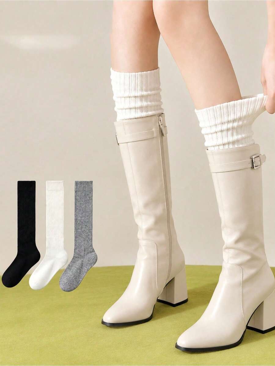 1/3/5/10 Pairs Women's Knee-High Ribbed Socks, Soft Elastic Breathable Mid-Calf Socks, Non-Slip Cuff, Comfortable Daily Socks, Suitable For Casual Wear, School, Christmas Gift - Multicolor - View 1