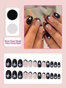 24pcs Short Oval Nail Stickers, Black French Short Nails, White Star Pattern, Glossy Full Coverage False Nails, Suitable For Women, Girls Daily Wear, Dates, Parties Nail Supplies - Black - View 2
