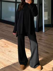 2026 Autumn New Solid Color Split Hem Loose Top & Slimming Long Pants 2 Pieces Set, Elegant Casual Home Daily Wear - Black - View 1