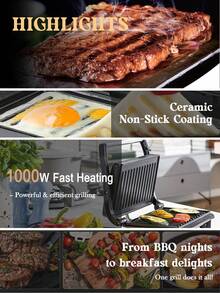 SCISHARE 1000W 3-In-1 Panini Maker, Sandwich Maker & Electric Grill, 180° Openable Non-Stick Grill Plates, Double-Sided Cooking, Even Heating, Cool Touch Handle, Easy Storage, Compact Design For Breakfast & Home Grilling, Black - EU F Type Plug(220-240V) - View 3