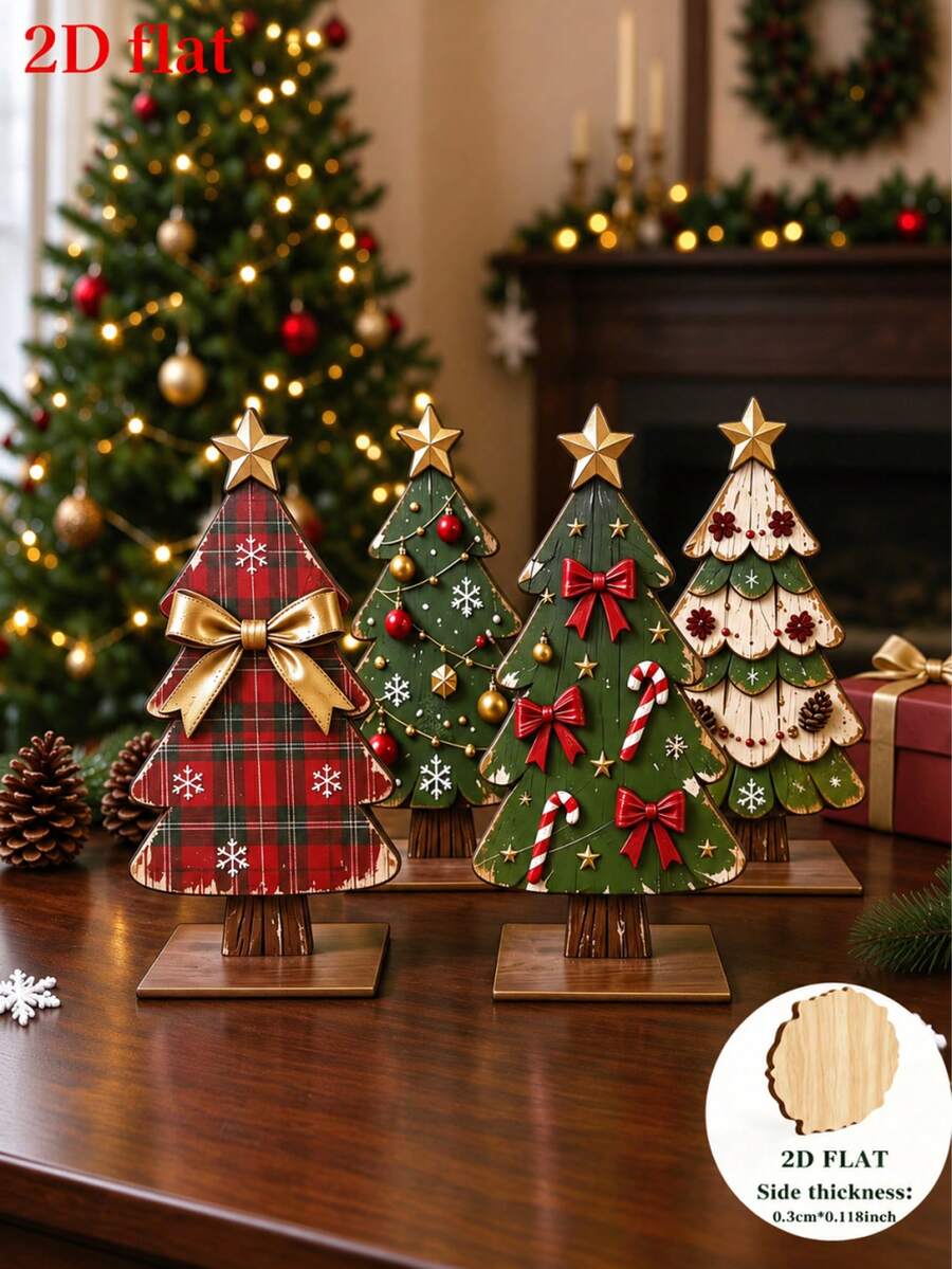 2D Flat 4-Piece Vintage Wooden Christmas Tree Desktop Ornament Set, Easily Create A Warm And Healing Winter Christmas Scene, Holiday Atmosphere Decoration Scene Arrangement, Suitable For Dining Table, Windowsill, Entryway, Christmas New Year Home Decor Gift - Multiple Styles - View 1