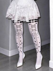 1 Pair Women's Gothic Style Bow & Cross Print Tights, Lace Trim Strappy ...
