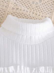 Girls Sweet Ruffle High Neck Knitted Top & Bow Print Denim Split Skort 2pcs Set, Spring Autumn Fashion - White - View 6