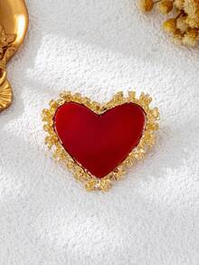 1 Pc Vintage Red Enamel Heart Brooch, Gold Textured Lace Trim Lapel Pin, Suit Coat Decor Fashion Accessory - Red - View 4