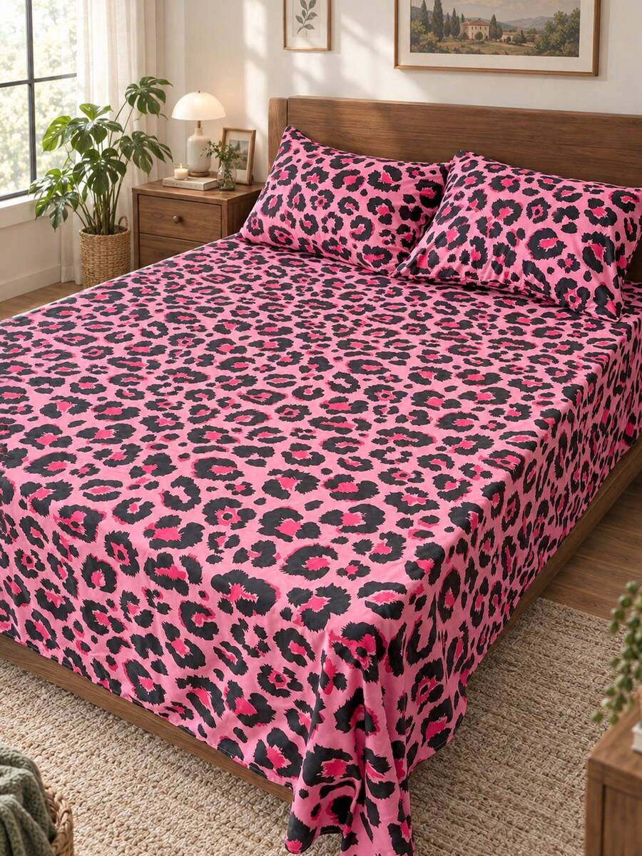 1pc Bed Sheet - 100% Polyester, Lightweight, Breathable, Soft And Comfortable, Romantic Pink Leopard Print Bedspread, Cute Bedroom Decor Bedspread