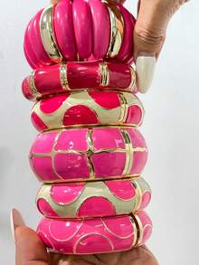 Y2K Chunky Stackable Resin Bracelet Set, Bright Pink Contrast Gold-Plated Wide Band Personalized Bracelet, Women's Party Outfit Jewelry - Multicolor - View 3