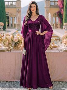 MIUSOL Deep V-Neck Sequin Patchwork Floral Lace Chiffon Formal Party Maxi Dress, Elegant Women's Party Gown Spring - Maroon - View 2