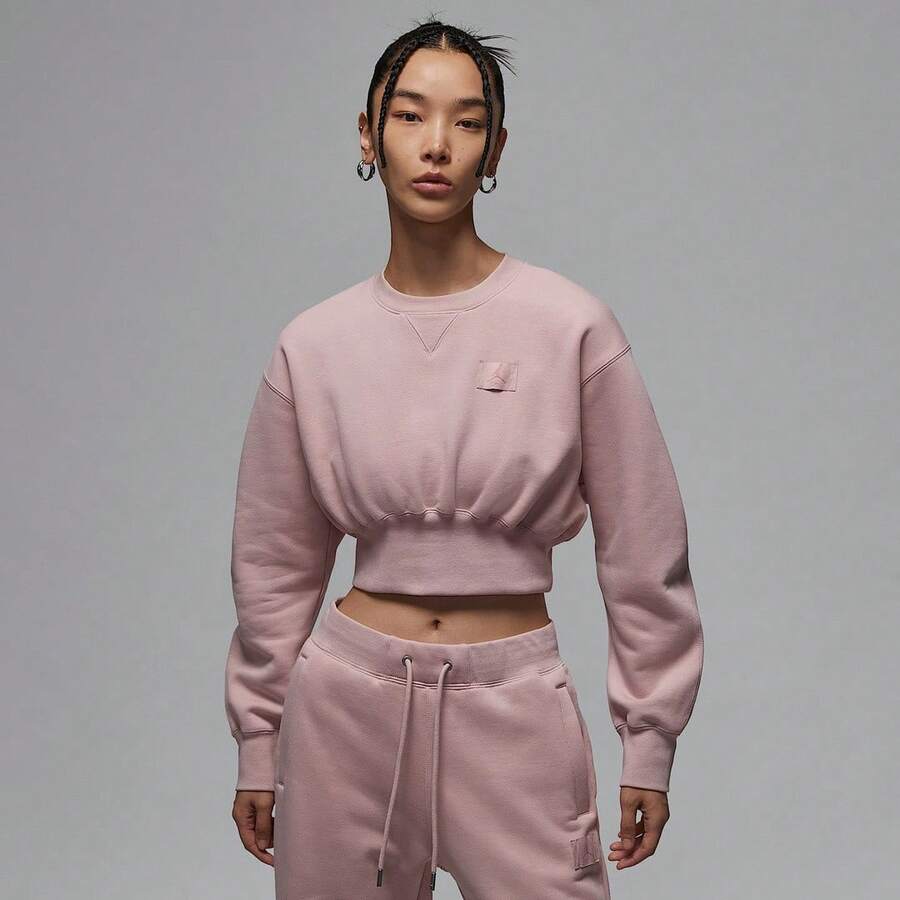 NIKE Jordan Flight Fleece Women's Light Pink Cropped Crew Neck Knit Sweatshirt With Patch FV7153-601 - Baby Pink - View 1
