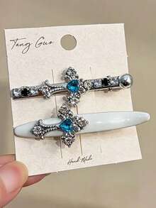 2PCS Sweet Cool Style Cross Hair Clips Side Bang Clips Niche Design Exquisite Rhinestone Heart Alligator Hair Clips For Women - Multicolor - View 6