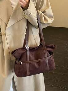 Vintage Faux Suede Drawstring Tote Bag For Women, PU Leather Strap Decor, Large Capacity Shoulder Bag, Adjustable Strap, Commuter Large Bag - Coffee - View 8