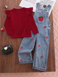 4-8 Years Old Girls 2pcs Set Fashion New Solid Color Minimalist Versatile Ribbed Red Crew Neck Long Sleeve T-Shirt Top And Casual Strawberry Embroidered Washed Blue Denim Overall Pants Long Pants Outfit - Red - View 1