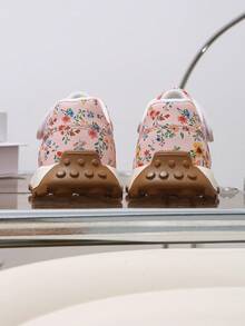 1 Pair New Floral Baby Sports Shoes, Girls Pastoral Floral Shoes, Hook And Loop Design For Easy On And Off - Pink - View 5