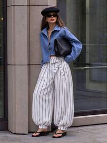 Vuslat Women's Autumn Commuting Striped Lace Up Linen Lantern Pants, Suitable For Vacation, Office Wear, Country Music Festivals, Christmas, New Year - Multicolor - View 7