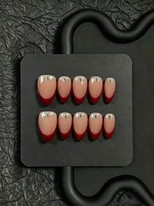 10pcs Handmade Press-On Nails, Short Almond Shape. Nude & Burgundy French Style With Single Rhinestone Element, Suitable For Autumn/Winter And Daily Wear, Comes With Full Set Of Manicure Tools, Perfect For Women's Personal Use Or Gift - Red - View 7