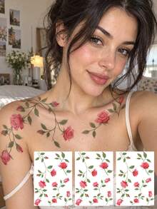 Rose Vine Temporary Tattoos For Women, Waterproof Floral Tattoo Stickers, Long-Lasting Botanical Body Art For Neck, Collarbone, Shoulder, Chest, Arm, Leg, Party, Festival & Summer Style - Multicolor - View 1