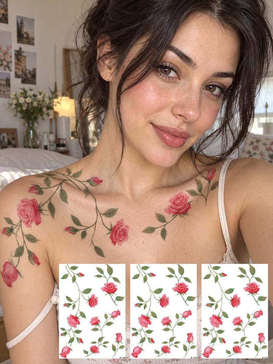 Rose Vine Temporary Tattoos For Women, Waterproof Floral Tattoo Stickers, Long-Lasting Botanical Body Art For Neck, Collarbone, Shoulder, Chest, Arm, Leg, Party, Festival & Summer Style - Multicolor - View 1