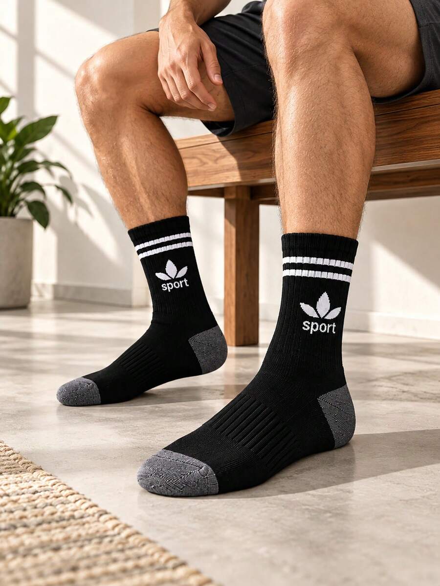 5 Pairs Random Men Stripe Crew Socks Sports Socks Outdoor Socks Cycling Socks Elastic Cuff Non Slip For School Running Daily Wear All Seasons - Multicolor - View 1