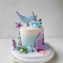 8pcs Purple Mermaid Cake Decoration Set, Including Shells, Mermaid Tails, Starfish Decorations, Will Bring Unparalleled Joy And The Most Beautiful Moments To Your Family And Friends. Bring Dreamy And Beautiful Decorations To Your Party. (Please Use With Tray And White Sticks) - Multicolor - View 9