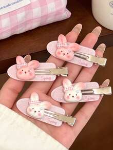 2PCS Cute Rabbit Hair Clips, Girly Pink Plaid Bow Alligator Hair Clips, Fresh Glitter Side Clips, Cartoon Bangs Clips - Multicolor - View 1