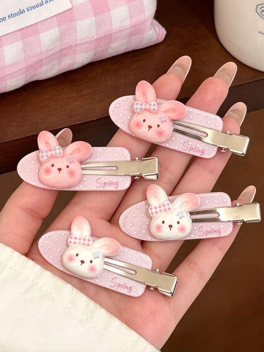 2PCS Cute Rabbit Hair Clips, Girly Pink Plaid Bow Alligator Hair Clips, Fresh Glitter Side Clips, Cartoon Bangs Clips - Multicolor - View 1