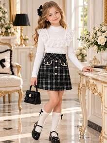 Autumn/Winter Girls Fashion Sweet Lace Ruffle Collar Ribbed Knit Long Sleeve Stand Collar Top & Elastic Waist Textured Pearl Button Skirt 2 Pieces Set - Black and White - View 1