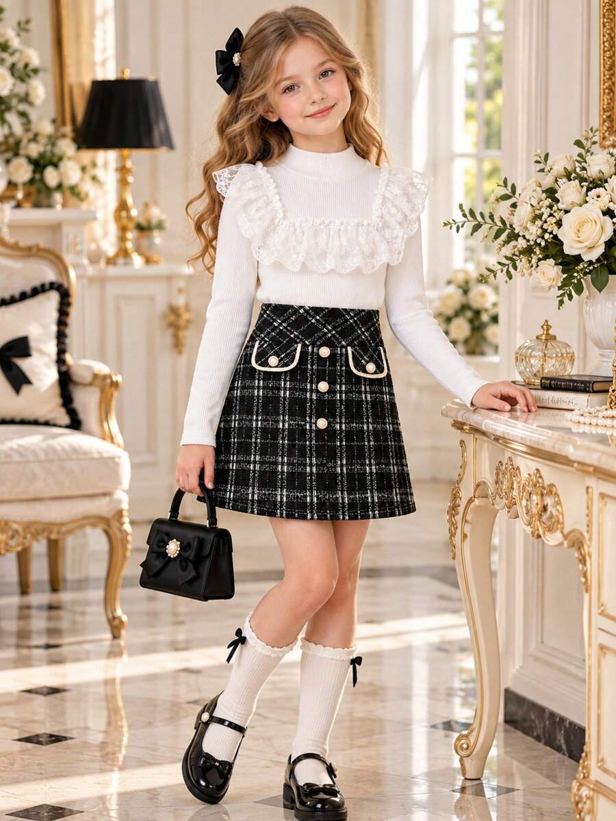 Autumn/Winter Girls Fashion Sweet Lace Ruffle Collar Ribbed Knit Long Sleeve Stand Collar Top & Elastic Waist Textured Pearl Button Skirt 2 Pieces Set - Black and White - View 1