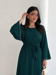 1pc Nida Fashion Minimalist Elegant Solid Color Beaded Cuff Muslim Abaya Dress, Essential For Daily Wear, Convenient And Lightweight - Multicolor - View 9