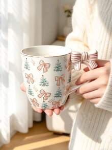 1pc Ceramic Coffee Mug With A 3D Bow Design, Featuring A Bow-Adorned Handle And Decorated With Charming Trees And Bows; A Lovely Tea And Milk Mug, Perfect For Kitchen Table Decor-An Elegant Gift For Girls - Multicolor - View 15
