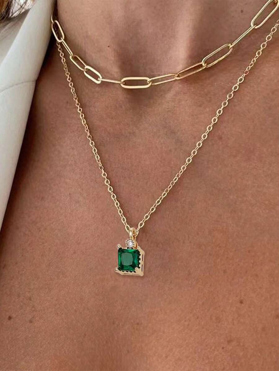 Nooxian 2pcs Fashion Minimalist Collarbone Necklace Multi-Layer Stackable Geometric Square Copper Micro-Inlaid Sparkling Zirconia Pendant Necklace For Women (Chain Link Count Random) - Yellow Gold - View 1