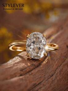1pc 18K Gold Plated Luxury Oval Pigeon Egg Shaped Diamond Ring, Single Diamond Ring, Four-Prong Setting, Exquisite Holiday Party Gift For Women - Yellow Gold - View 2