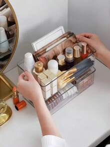 1pc Transparent Acrylic Storage Organizer Box, Multi-Functional Plastic Organizer Tray With Handle Storage Box, Cosmetic Organizer, Desk Clutter Organizer, Stackable Storage Box, Suitable For Drawer, Desktop, Kitchen, Storage Room And Outdoor Picnic, Home Organization Essential - Multicolor - View 4