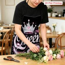 1 Pc QUEEN Letter-Patterned Apron, Featuring A Beautiful Design Of A Crown And Roses. This Apron Is Suitable For Both Cooking And Work. - Black - View 4