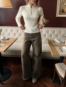 Women's Y2K Cream Beige Stand Collar Open Front Hollow Out Long Sleeve Slim Fit Ribbed Knit Sweater Top, Campus Style White Fall - White - View 3