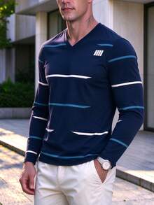 Men's Autumn Casual Streetwear Soft Knit V-Neck Long Sleeve T-Shirt, Navy Blue Striped Slim Fit, Everyday Urban Streetwear Top - Multicolor - View 2