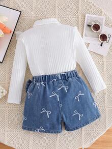 Girls Sweet Ruffle High Neck Knitted Top & Bow Print Denim Split Skort 2pcs Set, Spring Autumn Fashion - White - View 3