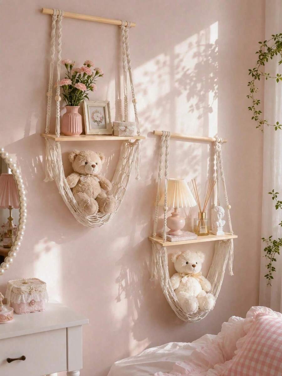 Bohemian Style Hanging Wall Shelf, Book Plant Aromatherapy Wall Decor Storage Rack, Room Homestay Wall Storage Shelf, Handmade Woven Wall Storage Net - Natural Wood Color - View 1