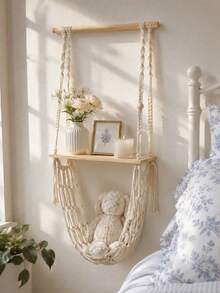 Bohemian Style Hanging Wall Shelf, Book Plant Aromatherapy Wall Decor Storage Rack, Room Homestay Wall Storage Shelf, Handmade Woven Wall Storage Net - Natural Wood Color - View 8