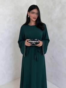 1pc Nida Fashion Minimalist Elegant Solid Color Beaded Cuff Muslim Abaya Dress, Essential For Daily Wear, Convenient And Lightweight - Multicolor - View 4