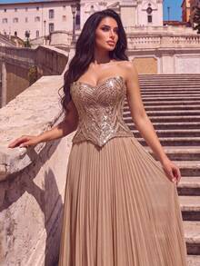Gaun Formal Maxi Lipit Berpayet Tanpa Tali untuk Wanita, Detail Manik-Manik Elegan, Cocok untuk Prom atau Acara Spesial - Sampanye - View 9