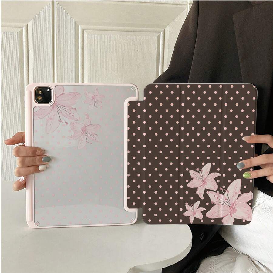 1件裝花卉波點三折智能保護殼，兼容 iPad，粉色百合圖案，具備自動休眠/喚醒功能與支架，可折疊多角度觀看，適用工作與娛樂，附筆槽保護殼，兼容 iPad Pro 2024/Air M3/A16 2025、小米、三星、華為 MatePad
