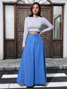 HAPPY GIRL#Falda vaquera línea A para mujer, versátil, de moda, casual, elegante, para primavera y otoño, vacaciones, diario, citas, viajes y aeropuerto - Azul - Ver 1