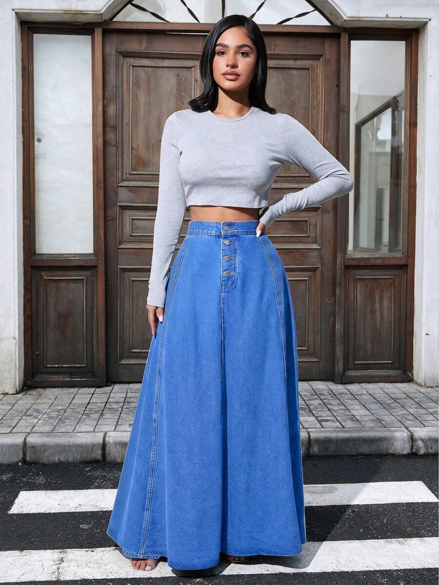 HAPPY GIRL#Falda vaquera línea A para mujer, versátil, de moda, casual, elegante, para primavera y otoño, vacaciones, diario, citas, viajes y aeropuerto - Azul - Ver 1