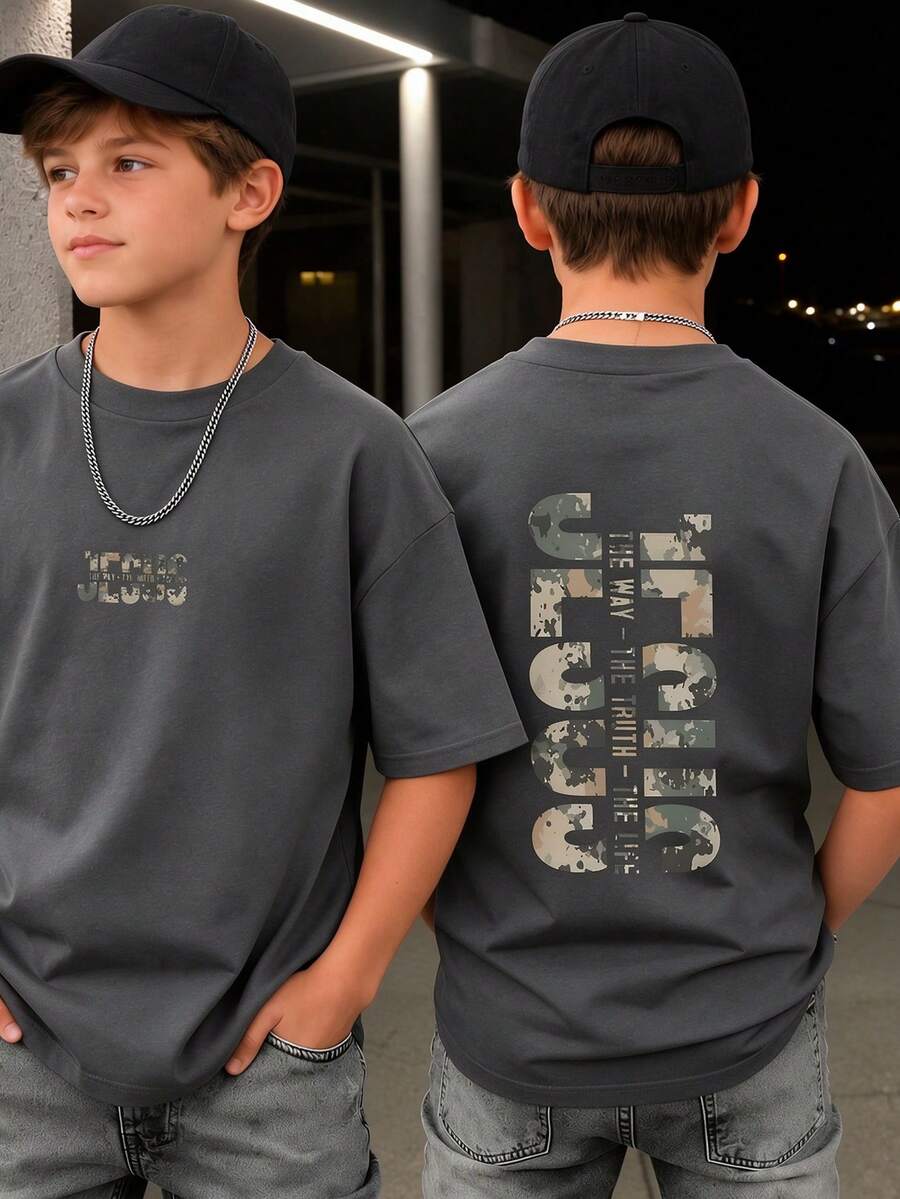 Tween Boys' Graphic Print Short Sleeve T-Shirt, Student Youth Casual Summer Top - Dark Grey - View 1