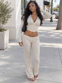Women's 2-Piece Y2K Street Style Set, Long Sleeve Printed Top + Long Pants, Autumn Vacation Elegant - White Polka Dots - View 3