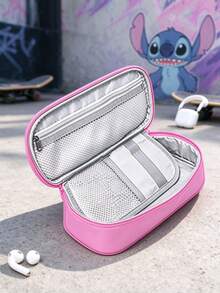 Disney 1PC Men's Stitch And Angel Print Handheld Pouch, Pink Zippered Bag With Carry Handle And Interior Mesh Pocket For Daily Essentials And Travel - Multicolor - View 4