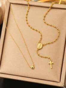 VceTd2PCS Fashion Style Stainless Steel Women's Necklace Set With Mini Heart Pendant And Round Disc Y-Shaped Necklace, Suitable For Women To Wear During Festivals - LM031/YW001XL - View 1