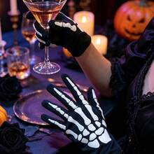 1 Pair Halloween Black Skeleton Pattern Gloves, Suitable For Halloween And Costume Parties - A - View 4