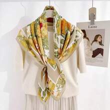 1 buah Syal Persegi Besar Motif Bunga Emas Vintage, Syal Kepala Tekstur Satin, Syal Sutra Dekoratif Serbaguna untuk Wanita, Selendang, Aksesori Pinggang, Multiguna - Kuning keemasan - View 1