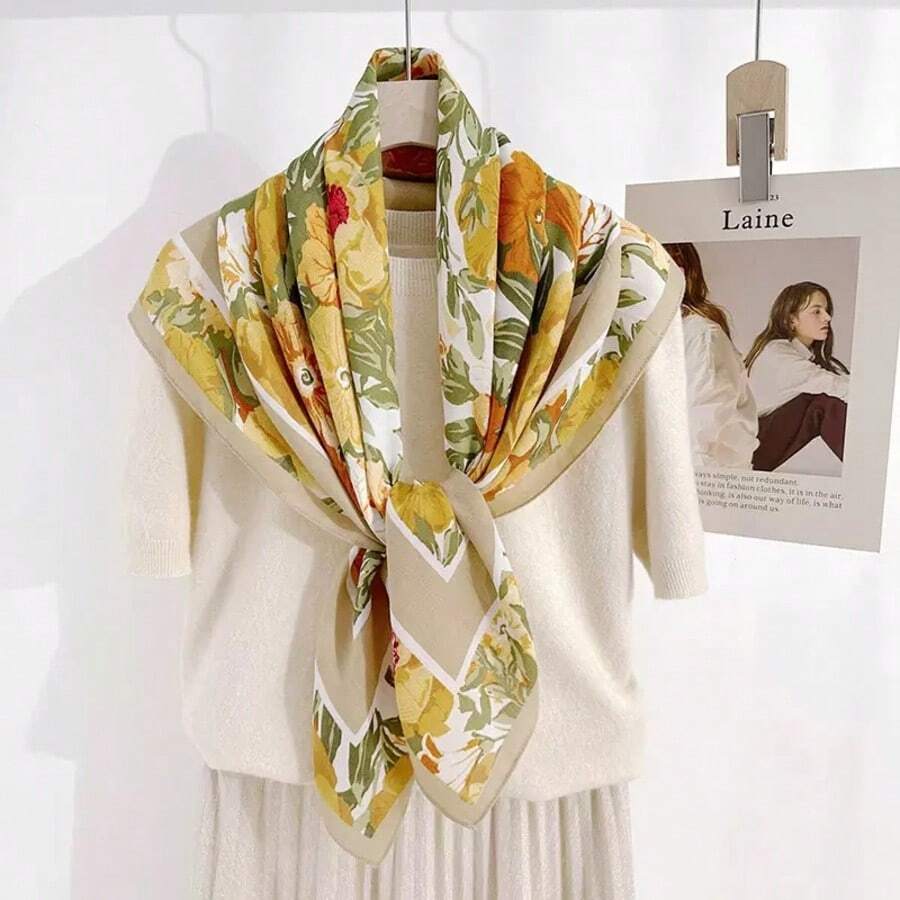 1 buah Syal Persegi Besar Motif Bunga Emas Vintage, Syal Kepala Tekstur Satin, Syal Sutra Dekoratif Serbaguna untuk Wanita, Selendang, Aksesori Pinggang, Multiguna - Kuning keemasan - View 1