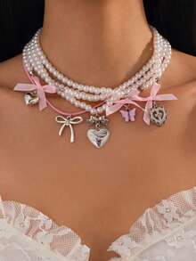 5pcs/Set Colorful Geometric Bowknot & Beaded Necklace Set - Pink - View 8